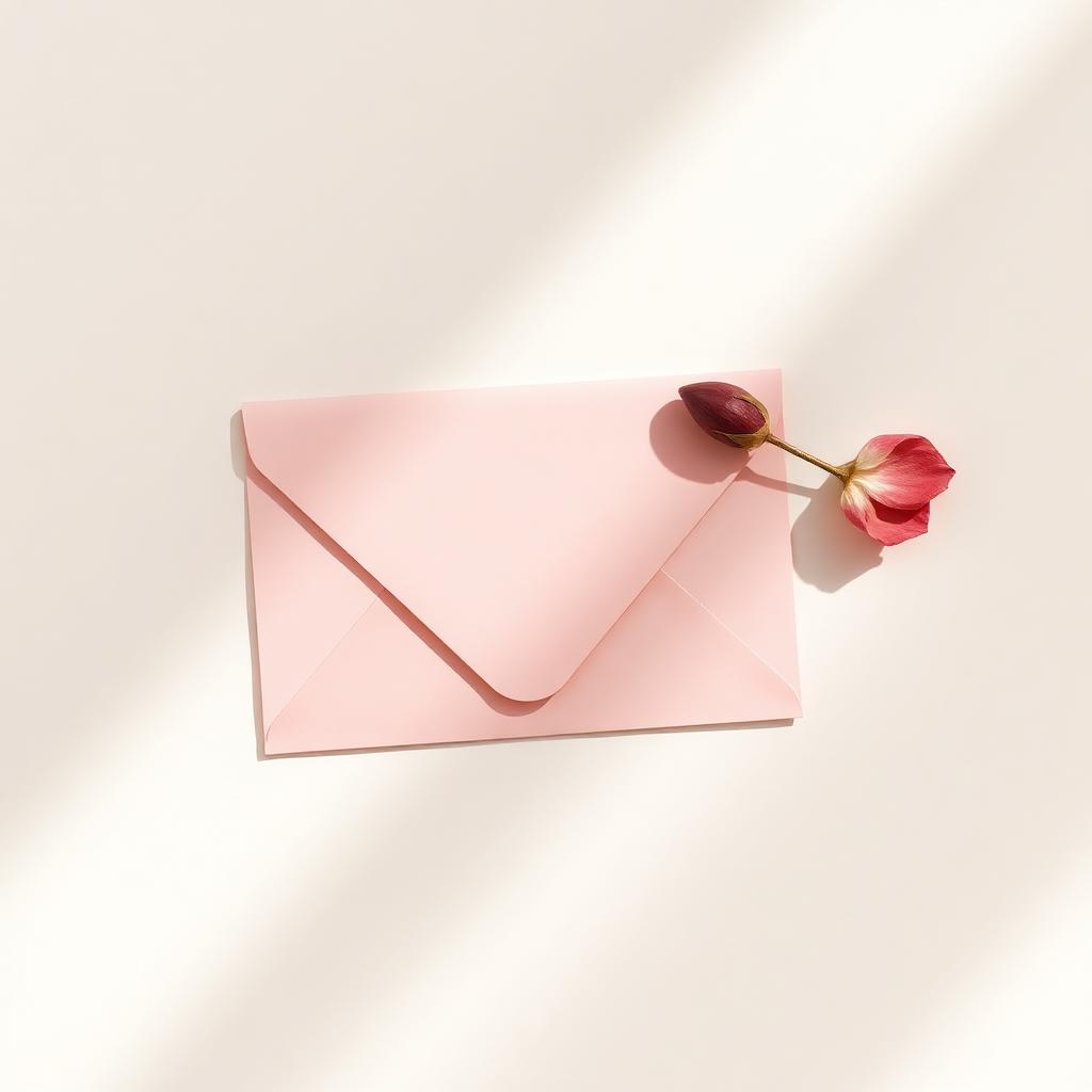 Soft pink envelope with a single rose petal