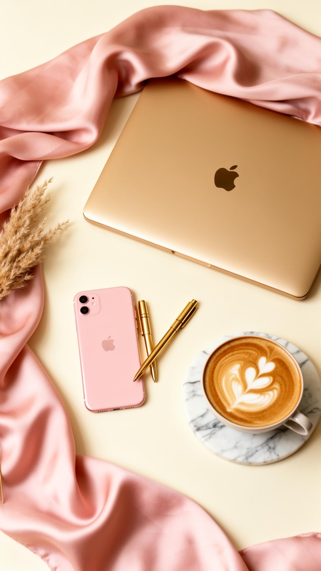 Premium feminine creator workspace with laptop, phone and latte
